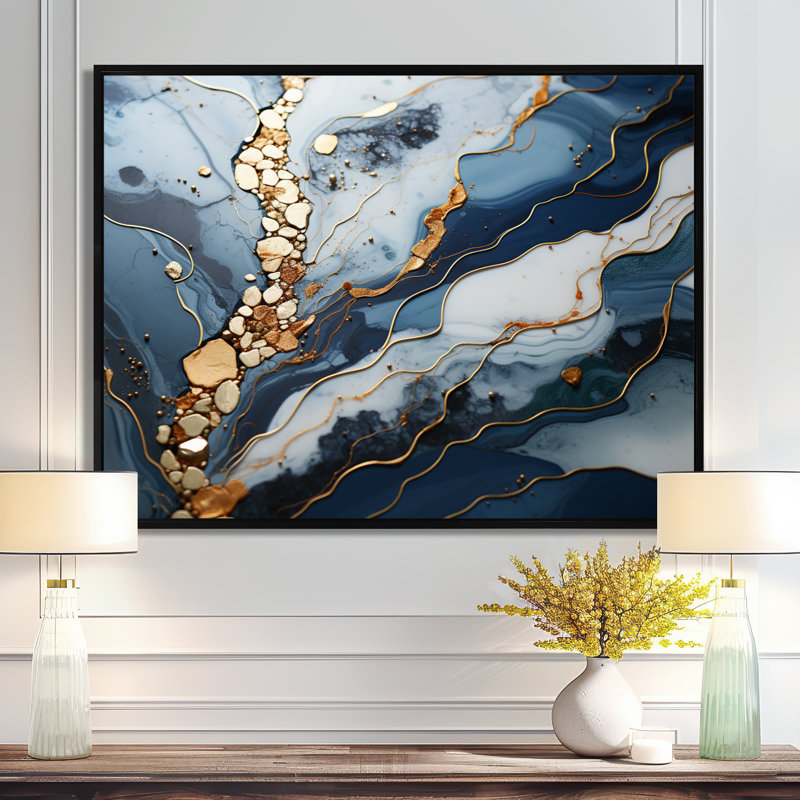 Blue and Gold Marble river II - Abstrait marbré, impressions sur toile, L 24 po x H 32 po x P 1 po, Cadre flottant noir