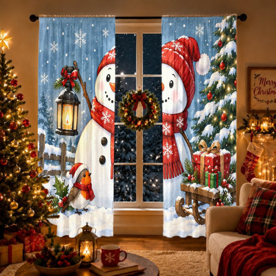 2Pcs Cute Snowman Christmas Curtains Light Filtering Rod Pocket Window Drapes for Living Room Bedroom Kitchen Holiday Decor,