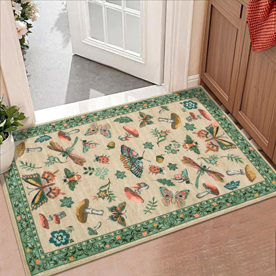 Tapis lavable pour le salon, tapis décoratif à motif floral d'insecte doux antidérapant, tapis d'intérieur pliable résistant aux taches pour la salle à manger, le bureau, la salle de jeux, la chambre de bébé