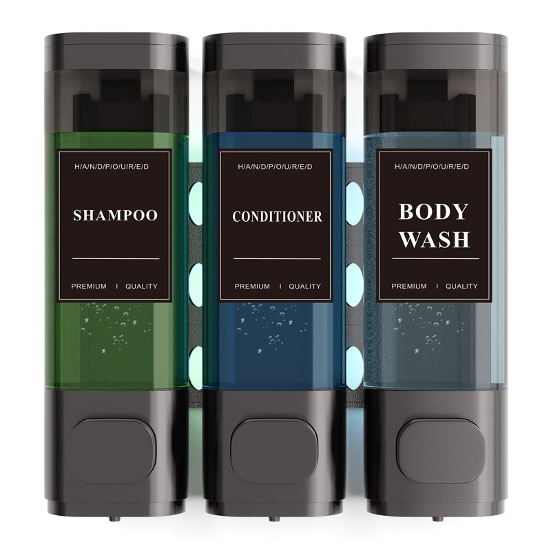 Distributeur de shampooing et revitalisant - Distributeur de savon de douche mural, installation sans perceuse, verrouillable, capacité de 900 ml, pour salle de bain et hôtel ou Airbnb (gris pistolet, paquet de 3)