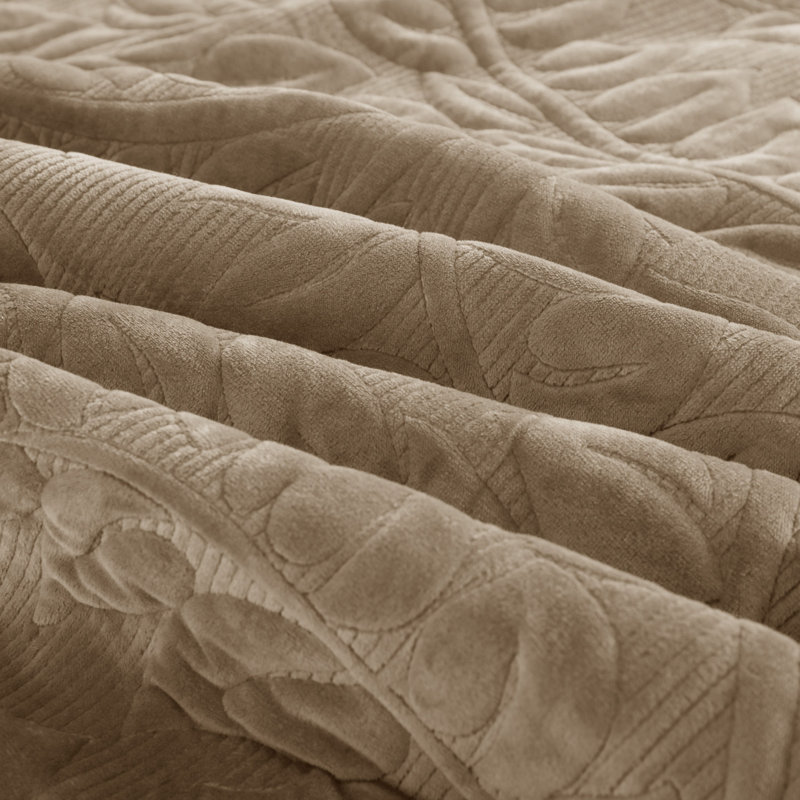 Camel King Size Velvet Quilt Set with Embroidered Leaf Design