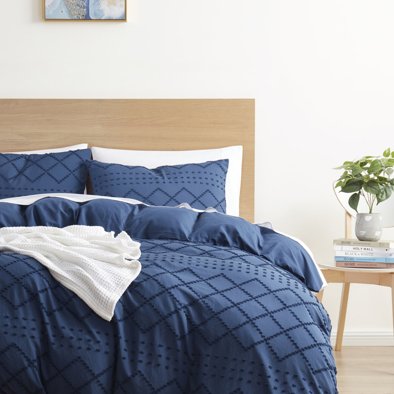 Navy Blue Microfiber Queen Pintuck Boho Duvet Cover Set