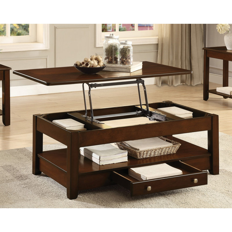 Table basse contemporaine à plateau relevable avec tiroir et tablette en bois de cerisier foncé 1 pièce