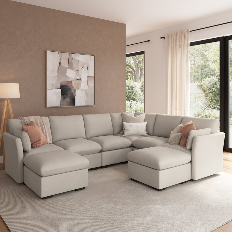 Stedman Modular 5-Seater Sectional With Set Of 2 Storage Ottomans, Living Room Furniture, Mist Taupe Polyester