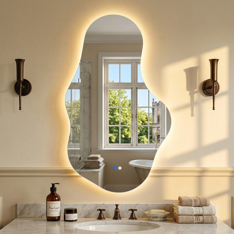 Asymmetrical LED Frameless Backlit Wall Mirror Bathroom Vanity Mirror with 3 Color Adjustment and Anti-Fog, 39" x 24", Pebble