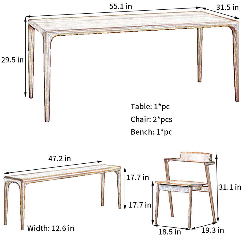 Ensemble de table de salle à manger en noyer noir, H 29,5 po x L 55,1 po x l 31,5 po