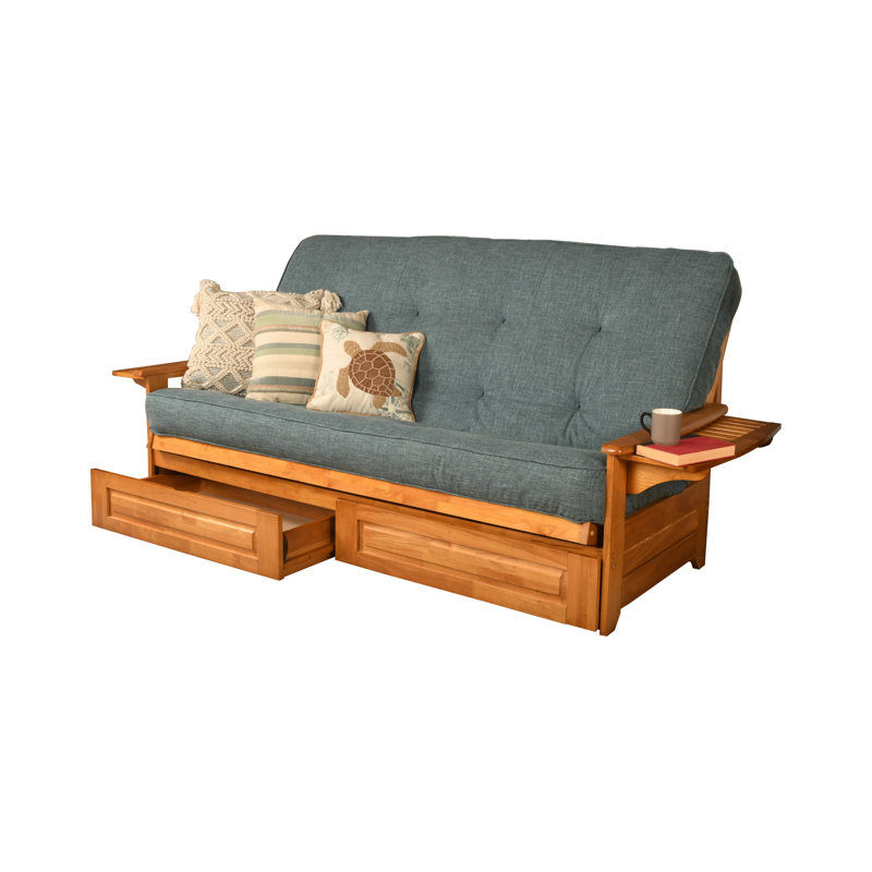 Futon et matelas avec rangement Stratford, Lin turquoise, À ressorts, Noyer cendré