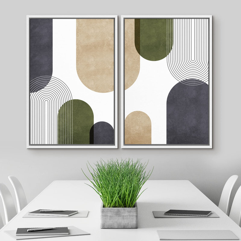 Nordic Shapes " Geometric Green, Tan And Black Polygon Collage Abstract Shapes Modern Bohemian Relax Calm " 2 - Pieces, White