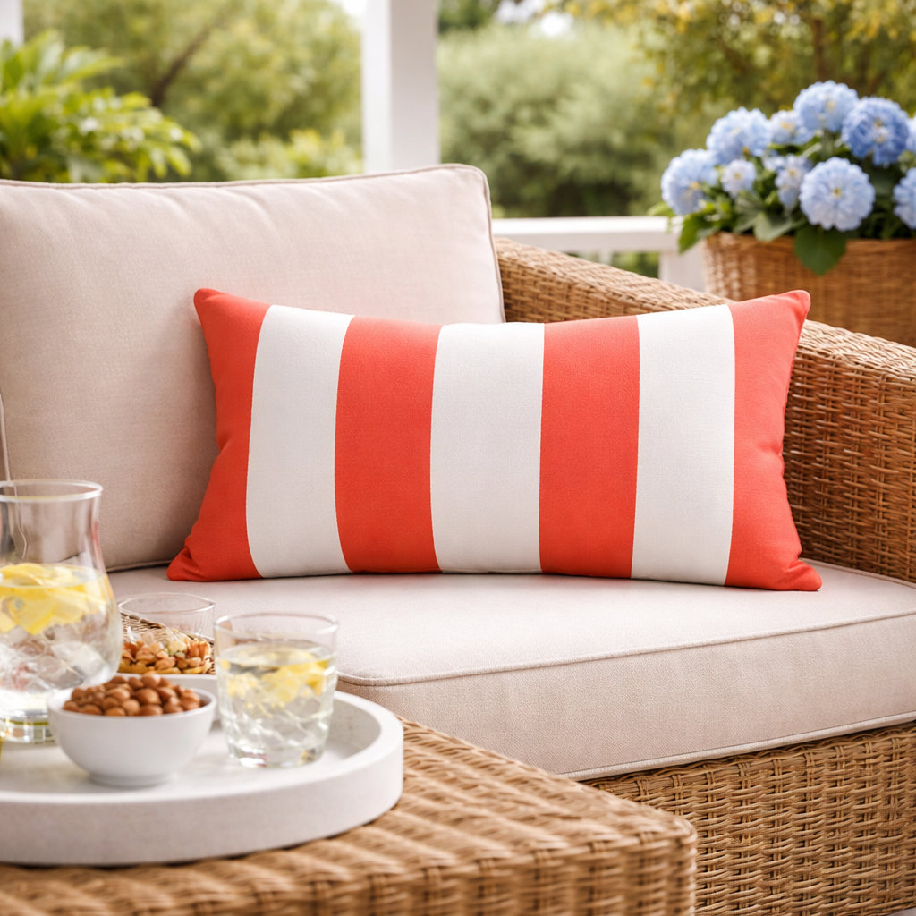 Amala Sunbrella® Indoor/Outdoor Kidney Pillow, Refuge Coral Striped Sunbrella®