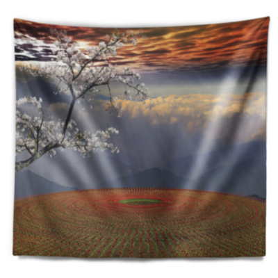 Magnifique champ de fleur paysage au coucher du soleil tapisserie