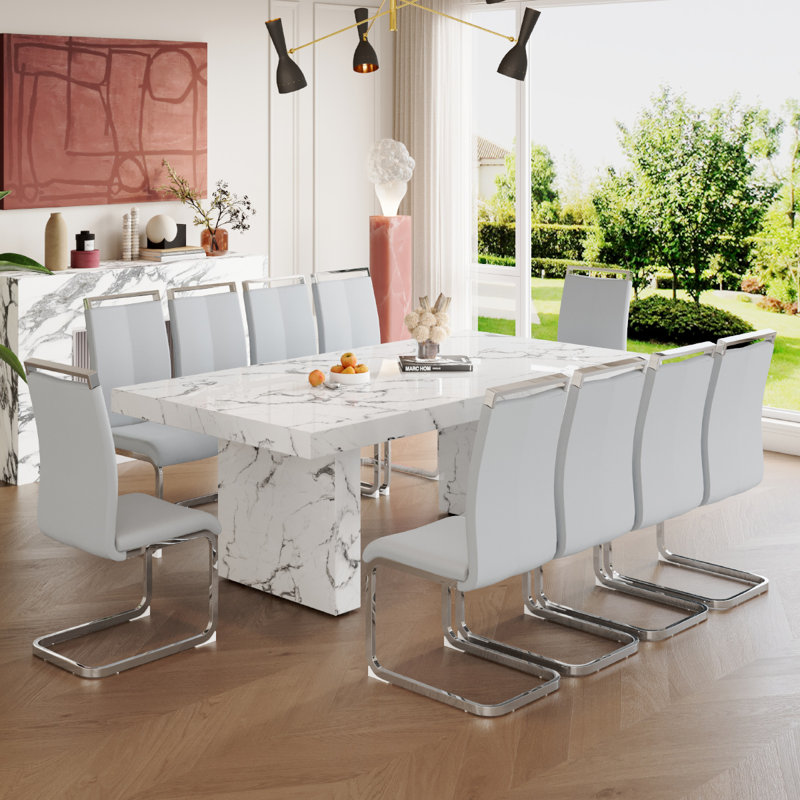 Marble-Patterned Dining Table Set for 10, Light Gray, 11 Pieces: Table, 10 Chairs