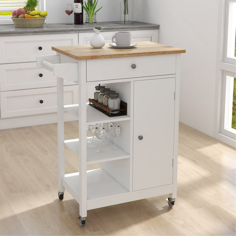 Îlot de cuisine avec chariot à roulettes avec tablettes réglables et plateau à serviettes en bois d'hévéa