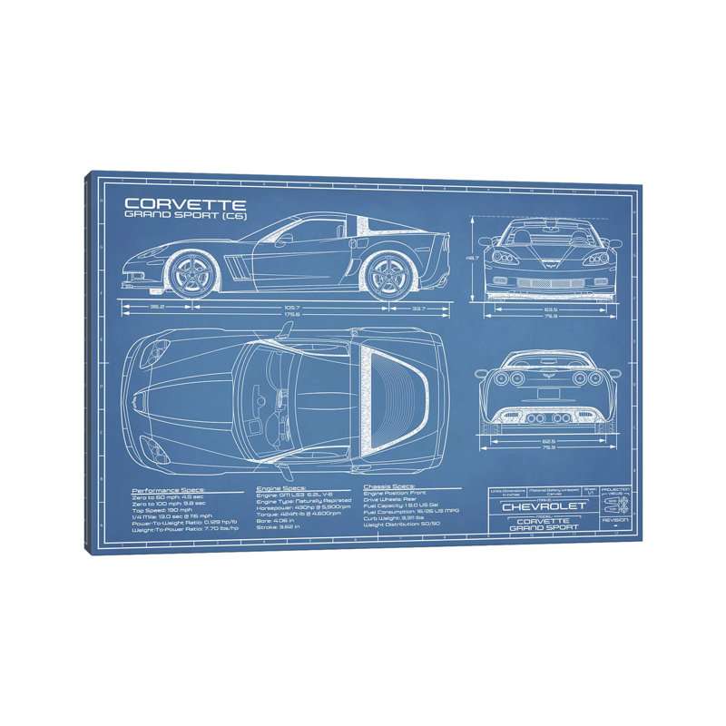 Corvette (C6) Grand Sport Blueprint - dessin, H 26 po x l 40 po x 1,5 po, Toile tendue, Pas de tapis