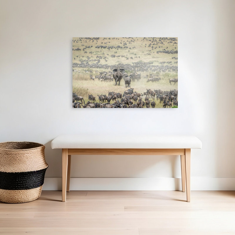 Elephants And Wildebeest Migration Abstract Contemporary Elephant Landscape Nature Wall Art Print, 60.96cm H x 91.44cm W