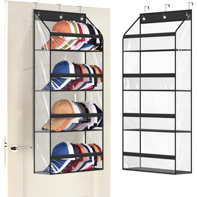 Clear Over The Door Hat Racks For Baseball Caps, Hold 48 Caps Hat Storage Organizer For Closet Wall, Deep Pockets Hanging Hat Holder Shelves With 3 Hooks, Black