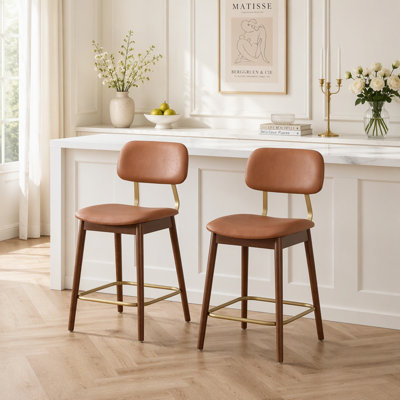 Wooden Bar Stools Set of 2, Modern Fabric Upholstered Bar Chairs Kitchen Chairs, Farmhouse Dinner Chair for Kitchen Dining Room Bar
