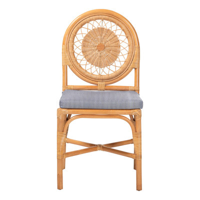 bali & pari Oberon Natural Rattan Dining Chair with Cushion - Handwoven Wicker Bistro Accent Seating with Sunburst Backrest