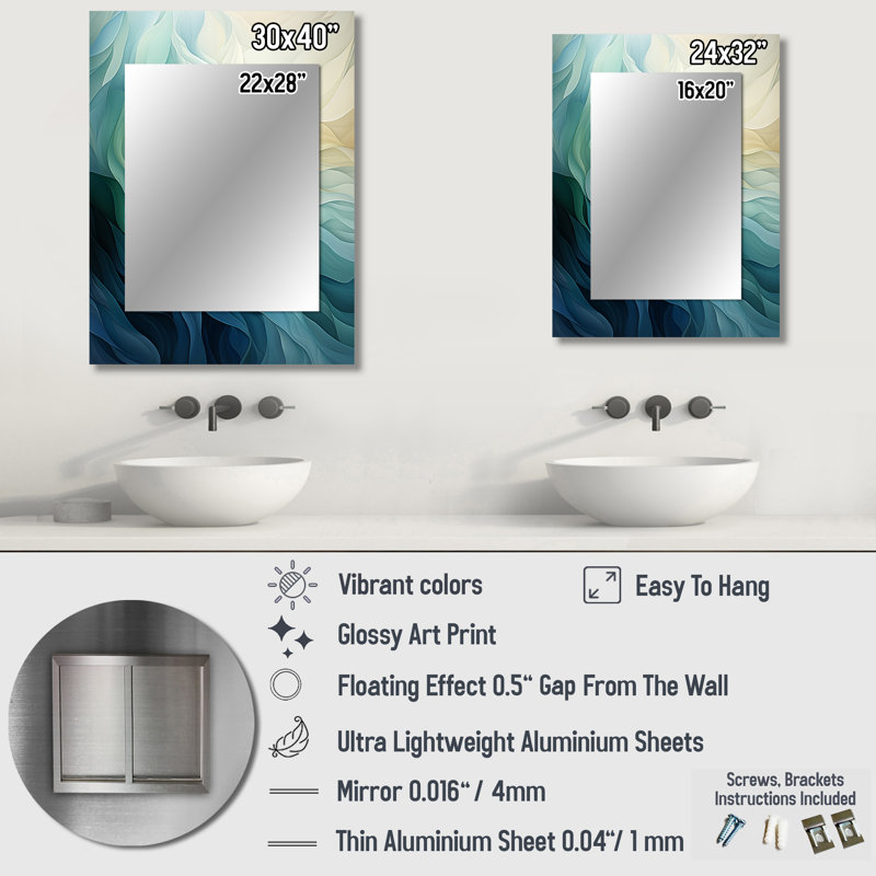 Gree et blanc Sway Wave Serenity IV - miroir décoratif géométrique, miroir mural vert, impression d'art en métal