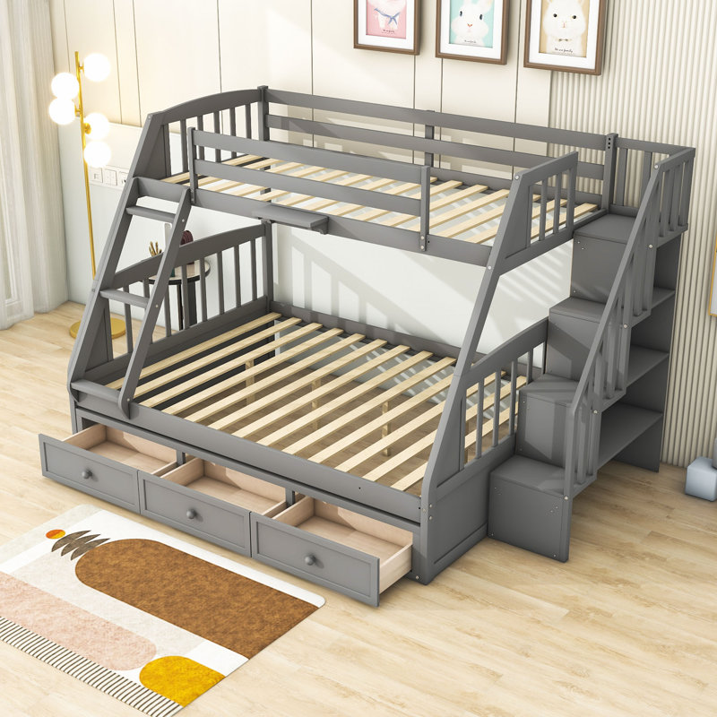 Haarika Kids Twin Over Full Bunk Bed with Drawers, Gray