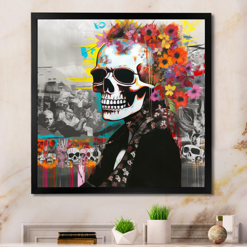 Graffitied Skull II sur impression sur toile, Cadre simple noir, H 36 po x l 36 po x P 1,5 po