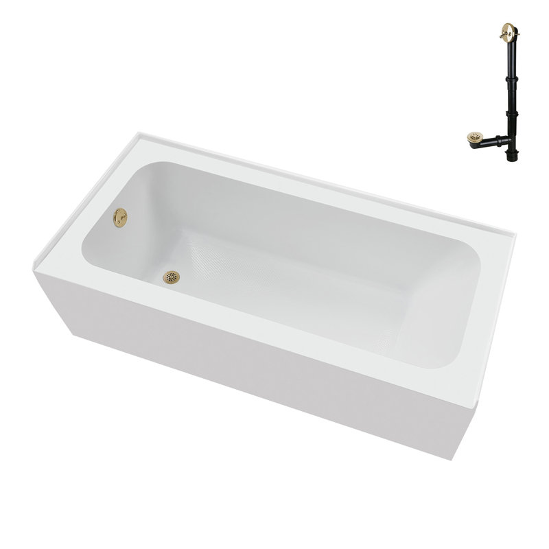 Streamline 60 in. x 30 in. Acrylic Left-Hand Drain Alcove Bathtub in Glossy White With External Drain, Polished Brass