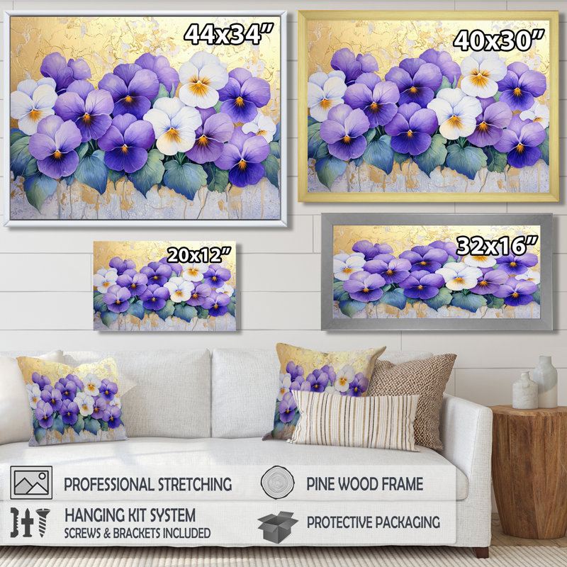 «Golden Harmony Of Violets Flowers III - Violets», art mural, H 12 po x l 20 po, Toile tendue, Ne s’applique pas