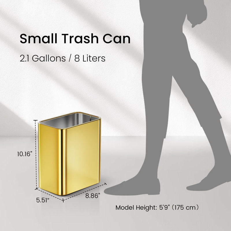 Small Bathroom Trash Can 2.1 Gallon Wastebasket, Gold