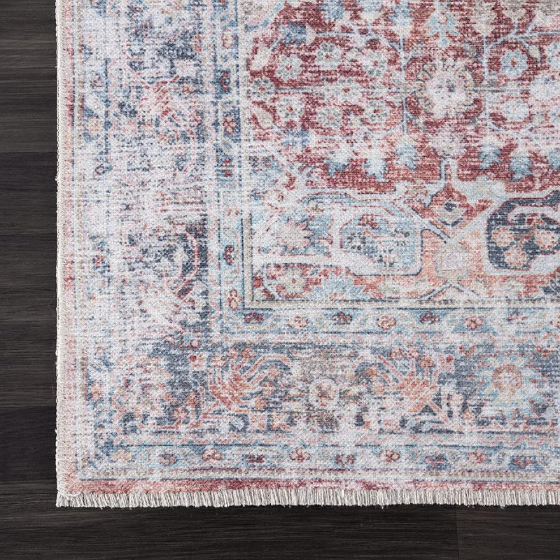 Tapis traditionnel lavable antidérapant - brique / bleu foncé , Rectangle 4pi x 6 pi