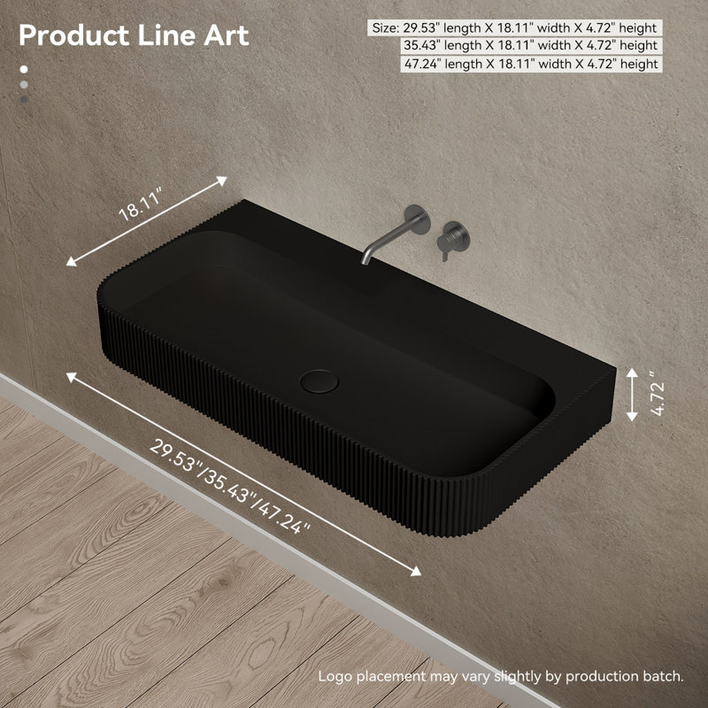 Lavabo de salle de bain mural à surface solide 29,5 po x 18 po Monblari, noir mat, Matte Black, 29.53" L x 18.11" W x 4.72" H