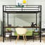 Lit double superposé double au-dessus d'un lit double avec bureau d'étude, ports de charge intégrés et tablettes de rangement-504140812