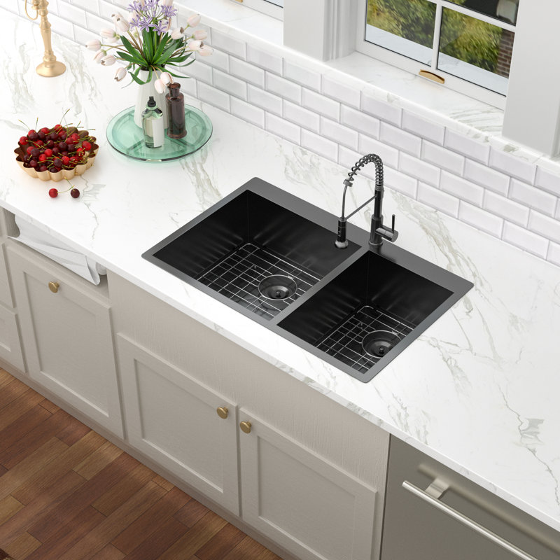 Évier de cuisine encastré en acier inoxydable nano titane L 33 po x l 22 po, évier de cuisine à double cuve en bronze industriel 60/40 avec grille d'évier, crépine et support à enroulement