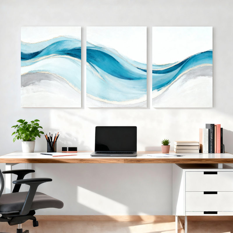 Ensemble de 3 tableaux abstraits à motif de vagues bleues, H 36 po x l 72 po
