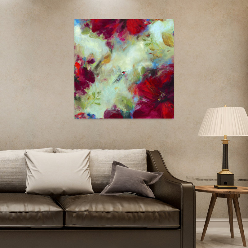 Hummingbird I Delicate Vibrant Whimsical Hummingbird Nature Flower Art, 32" H x 32" W