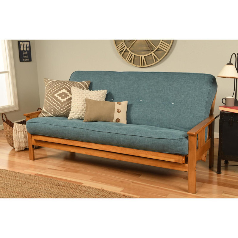 Monterey Frame-Butternut Finish-Suede Peat Mattress - Futon Frame Set with Mattress, Foldable Futon Frame with Sturdy Wood Build, Living Room Futon Frame with Mattress, Versatile Design