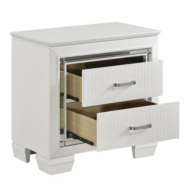 Table de chevet blanche avec faux alligator, table de chevet moderne à 2 tiroirs et ornements, blanc, élément de rétroéclairage à DEL