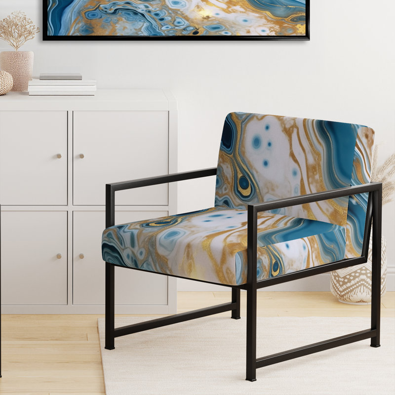 Blue and White Marble Dreams - Upholstered Contemporary Arm Chair, Modern Abstract Accent Chair, Black