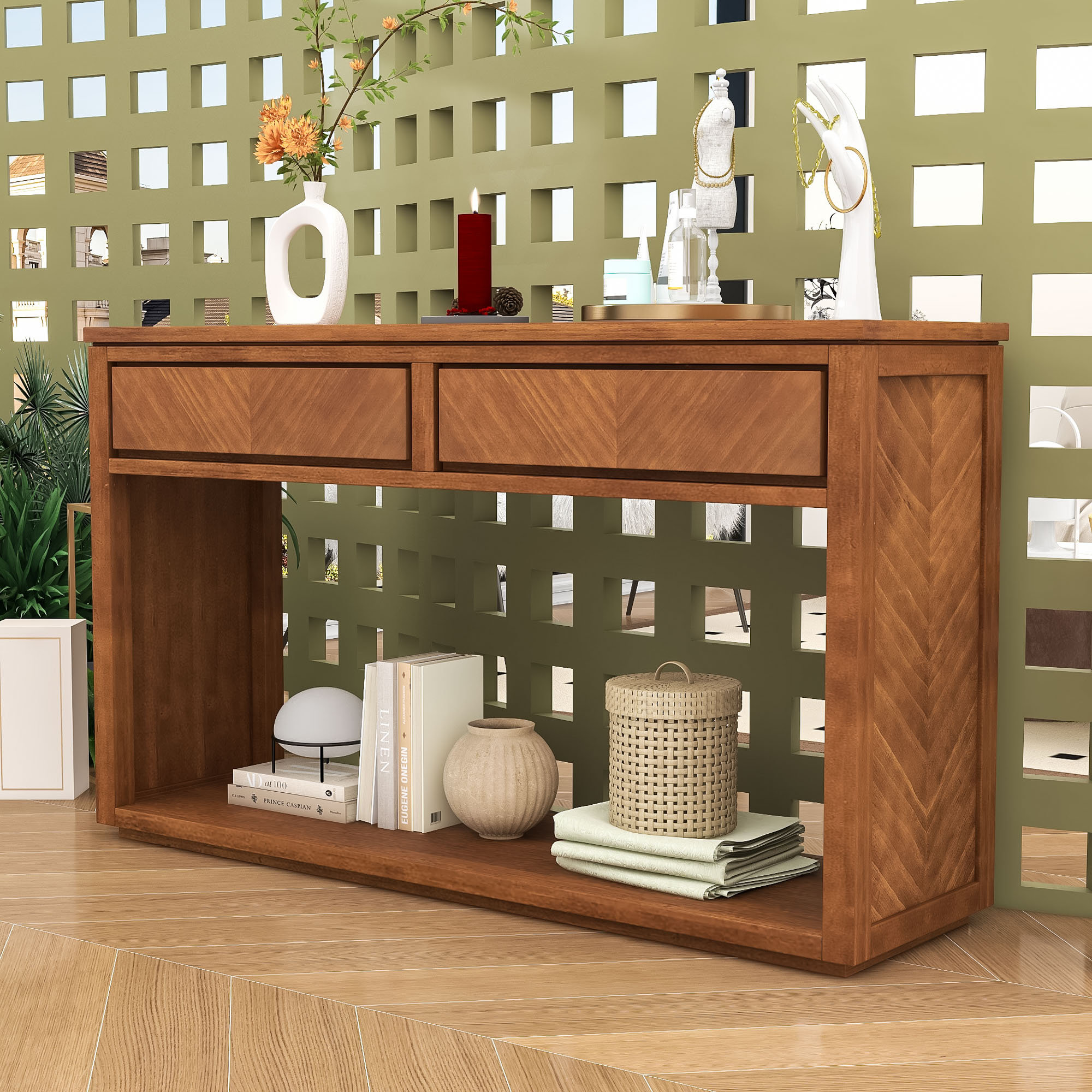 Millwood Pines Elegant Chevron Pattern Console Table with 2 Drawers ...