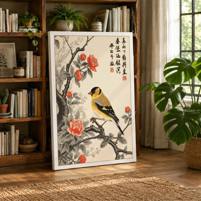 Bird Among Peonies Japandi - Wrapped Canvas