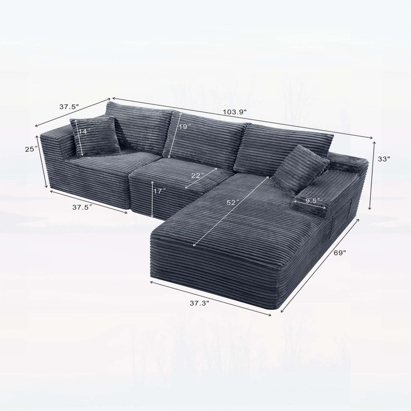 Canapé modulaire 103,9 pouces Cloud, Velours côtelé gris, Gris