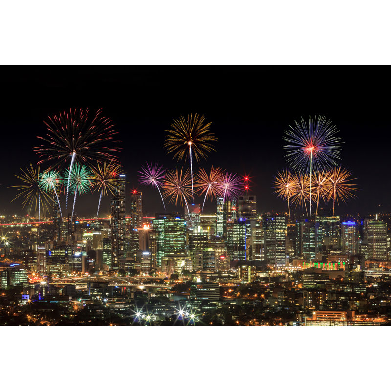 Fireworks Over Brisbane City - Wrapped Canvas Print, 30cm H x 46cm W