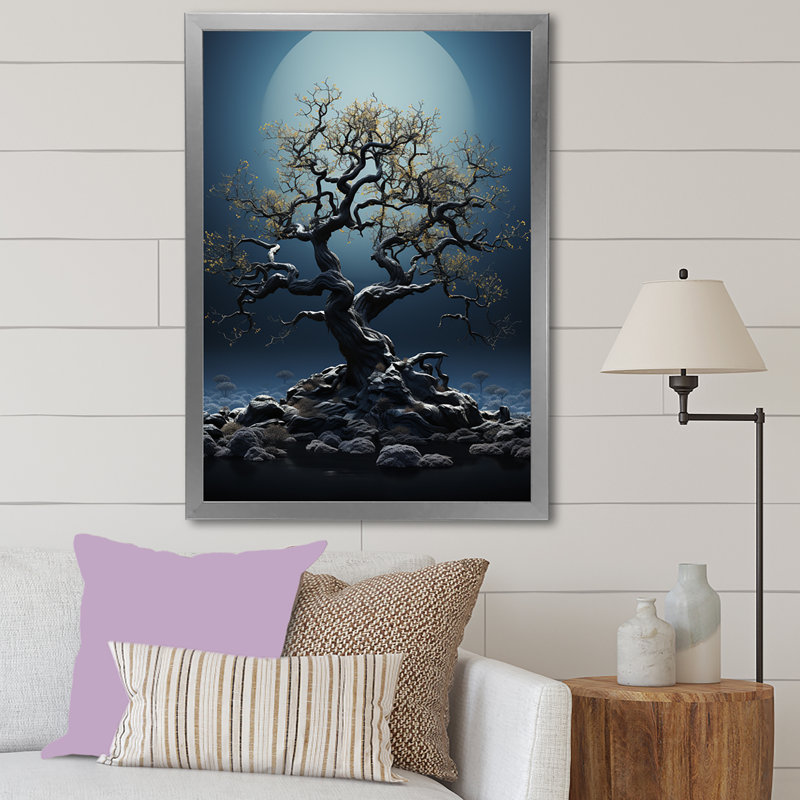 Arbre noir baobab I - décoration murale arbre baobab, Cadre simple argenté, H 44 po x l 34 po