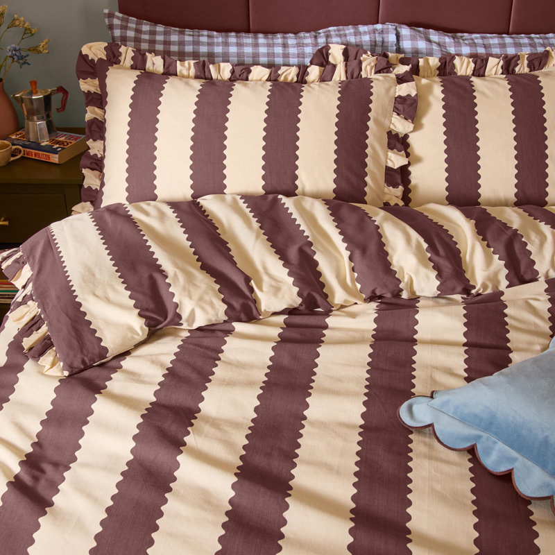 Birdie Stripe Cotton Blend Striped Duvet Cover Set, Super King Duvet Cover Set + 2 Pillowcases, Yellow/Brown Striped