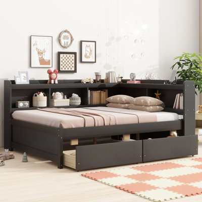 Full Size L-Shaped Bookcases Bed With 2 Drawers & Charging, Power Outlets Two In Finish