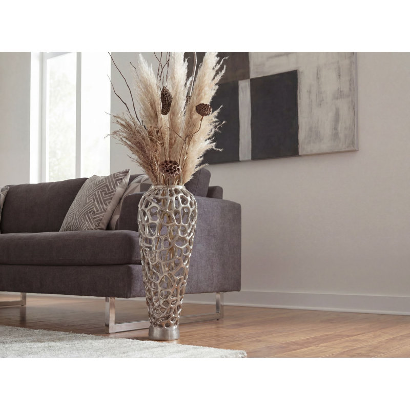 Tall Silver Aluminium Floor Vase, 85cm H x 31cm W x 31cm D, Silver