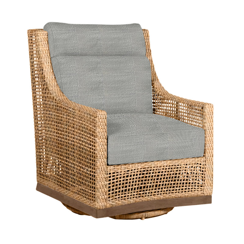 Outdoor Peninsula Gliding Wicker/Rattan Chair with Cushions, Welt + Standard fill, Rollo Silver InsideOut® Linen
