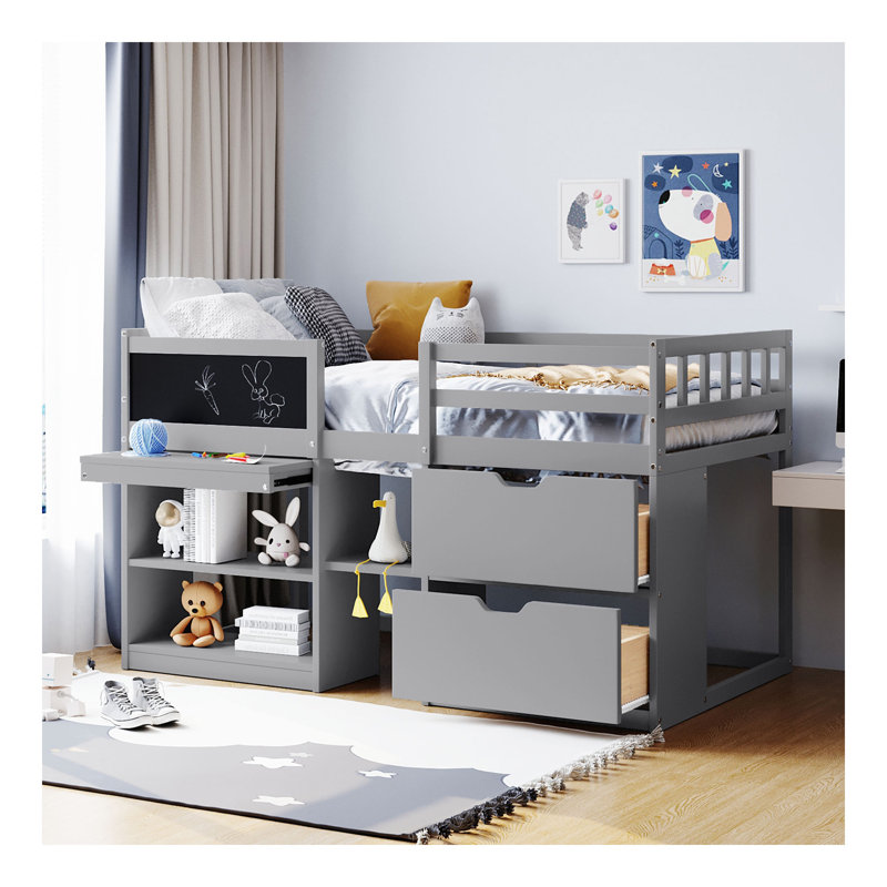 Lit mezzanine simple avec bureau à roulettes, tablette et tiroirs - gris, Gris