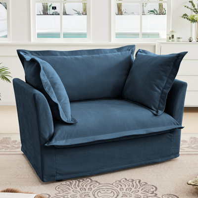 Fauteuil en chenille bleu avec coussin et coussins à haut dossier, fauteuil à siège profond en tissu confortable, couleur, 1 gros coussins