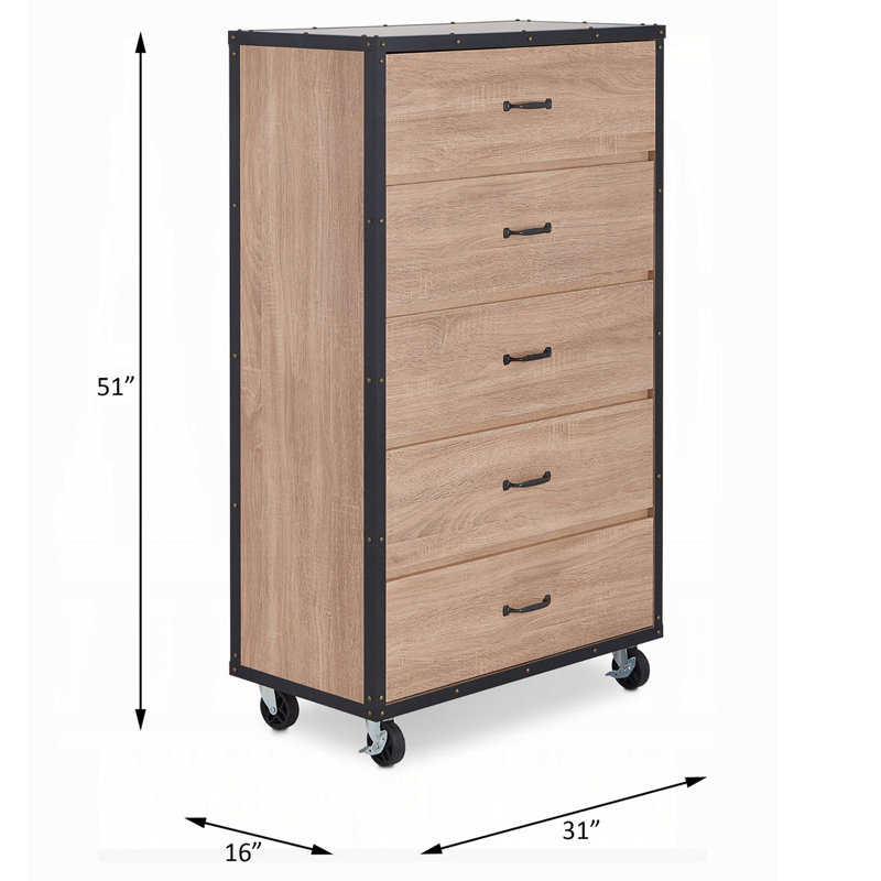 Commode 5 tiroirs en chêne clair patiné