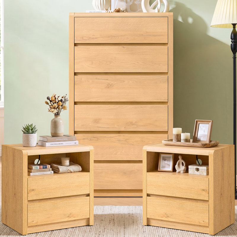 Ensemble de chambre à coucher 3 pièces en bois rustique, naturel, Natural, 6 Drawer Dresser; 2 Nightstands