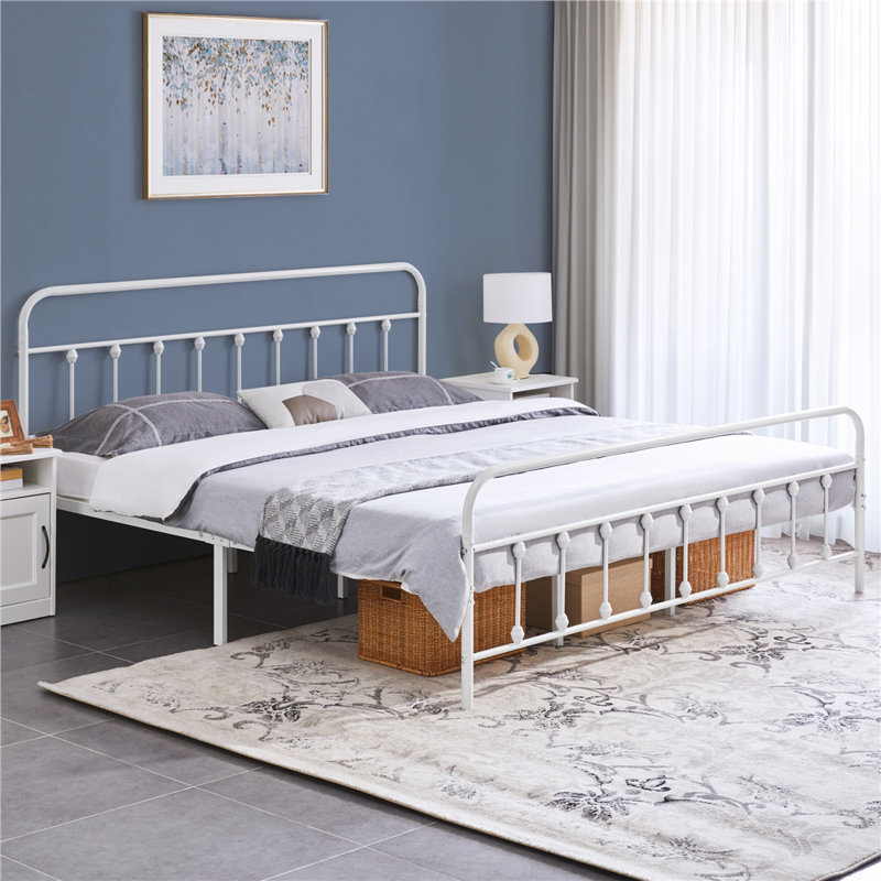 White King Metal Platform Bed with High Headboard and Slats